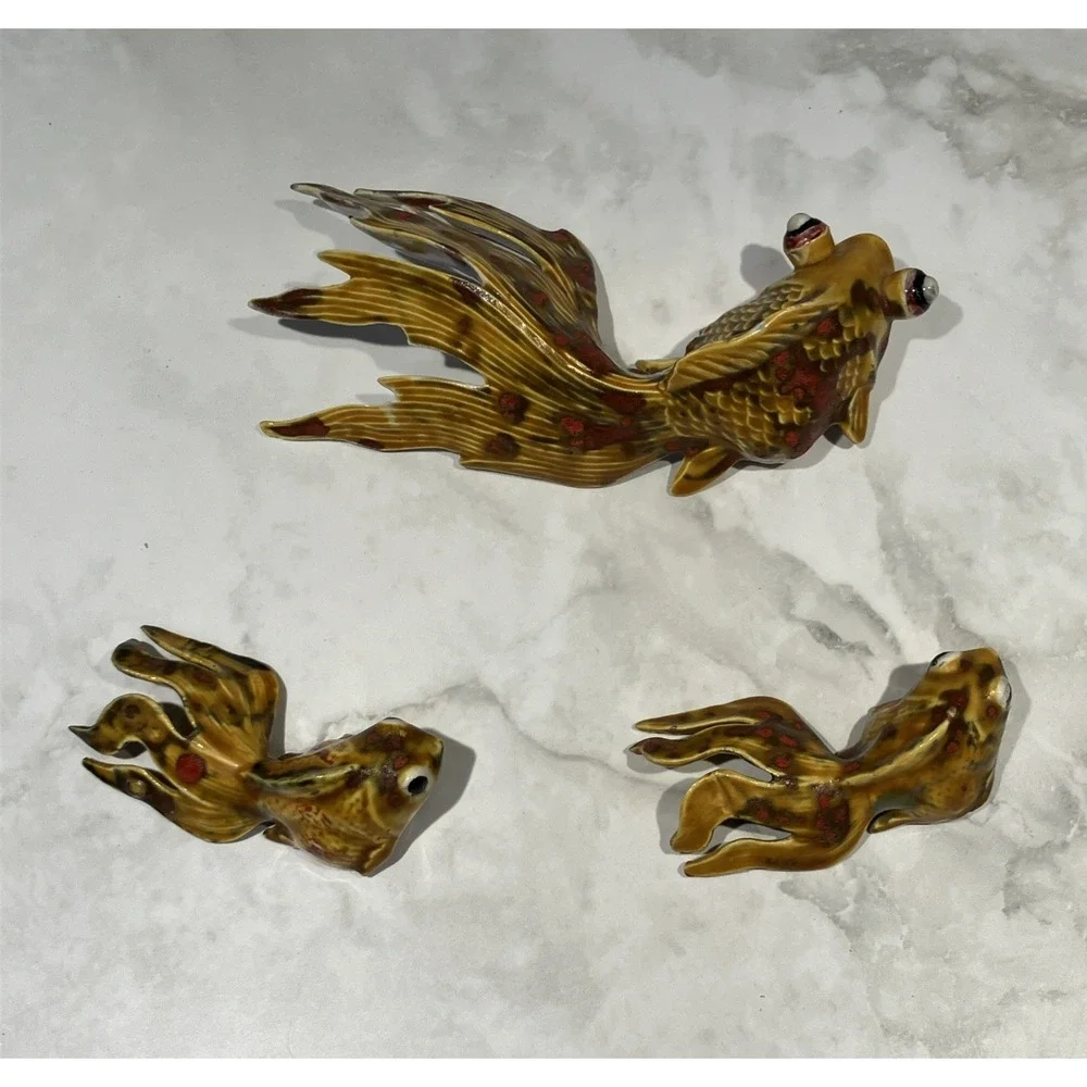 Set of 3 Koi Fish Ceramic Handcxrafted Gold Red Green Signed Irene Marosy